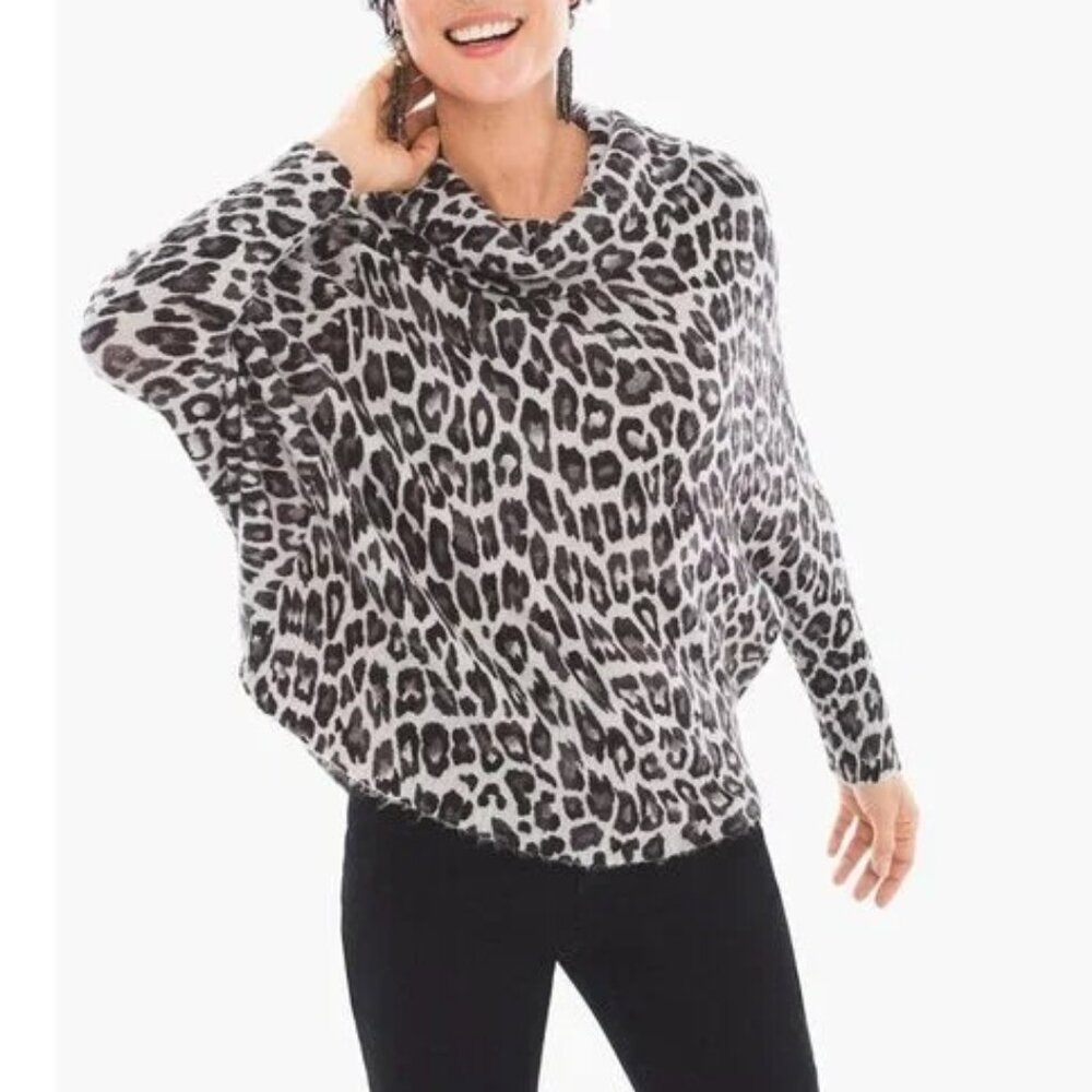 Chicos Sweater Size 2 L Animal Snow Leopard Cowl Neck Dolman Sleeve Excellent